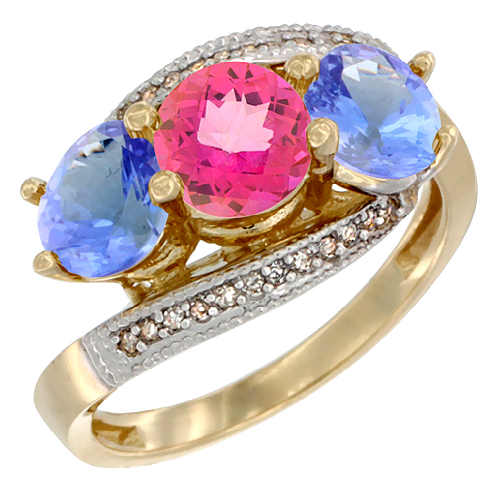 10K Yellow Gold Natural Pink Topaz & Tanzanite Sides 3 stone Ring Round 6mm Diamond Accent, sizes 5 - 10