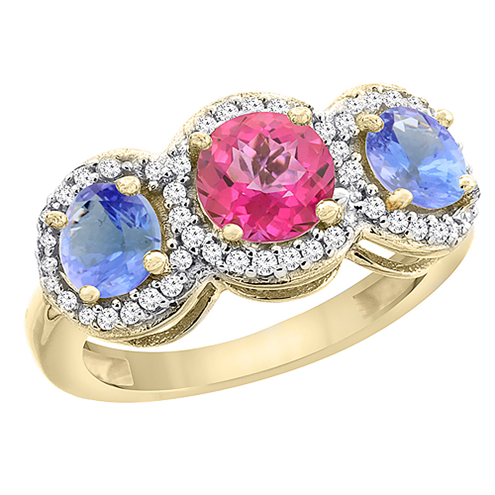 10K Yellow Gold Natural Pink Topaz &amp; Tanzanite Sides Round 3-stone Ring Diamond Accents, sizes 5 - 10