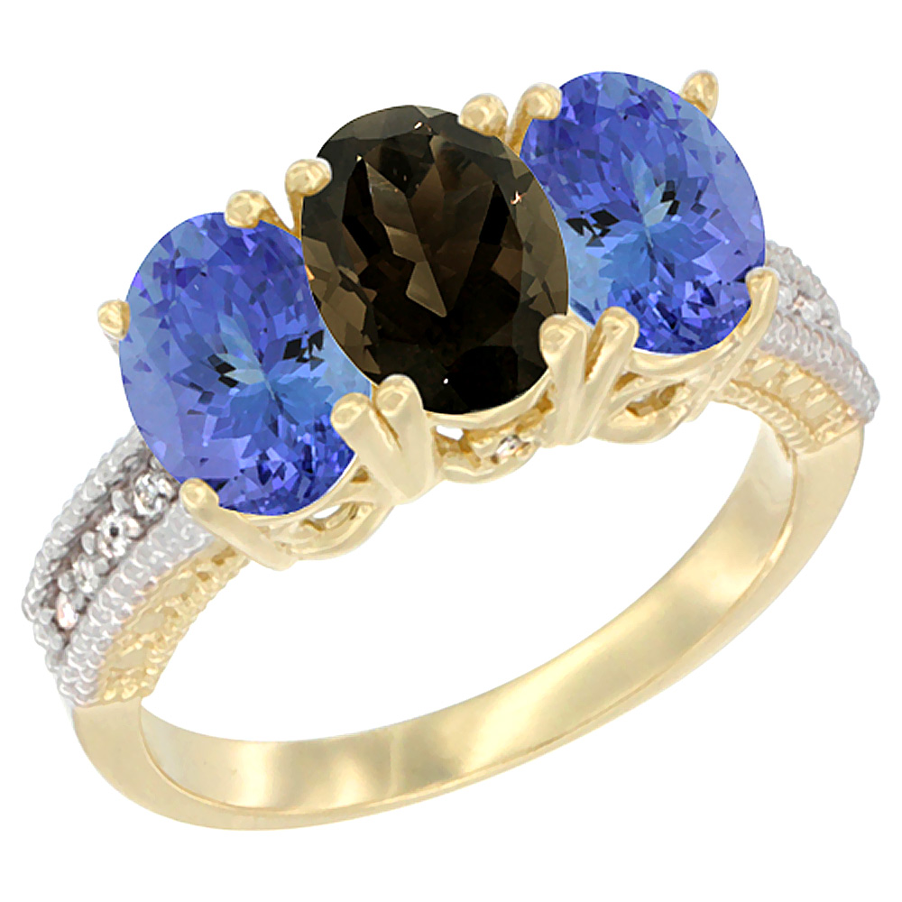 10K Yellow Gold Diamond Natural Smoky Topaz & Tanzanite Ring 3-Stone 7x5 mm Oval, sizes 5 - 10