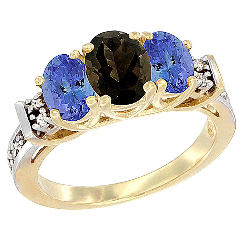 14K Yellow Gold Natural Smoky Topaz &amp; Tanzanite Ring 3-Stone Oval Diamond Accent