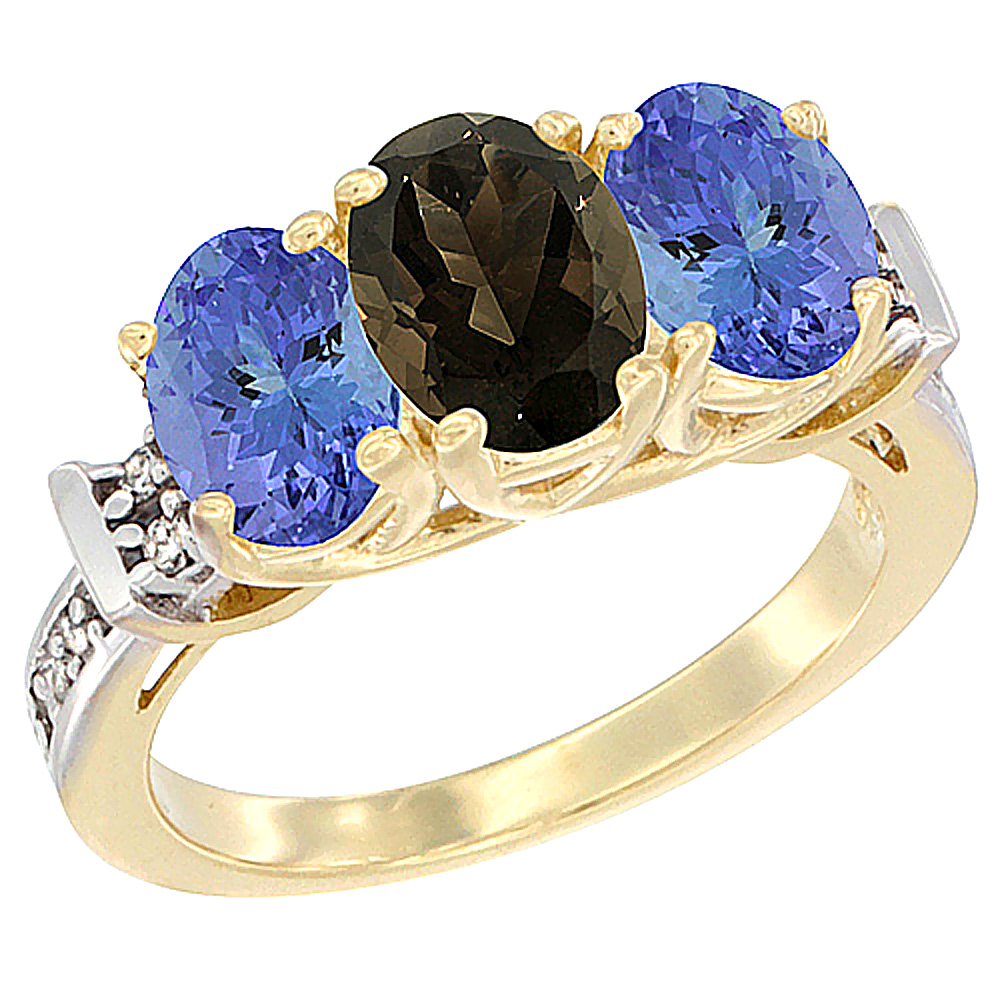 14K Yellow Gold Natural Smoky Topaz & Tanzanite Sides Ring 3-Stone Oval Diamond Accent, sizes 5 - 10