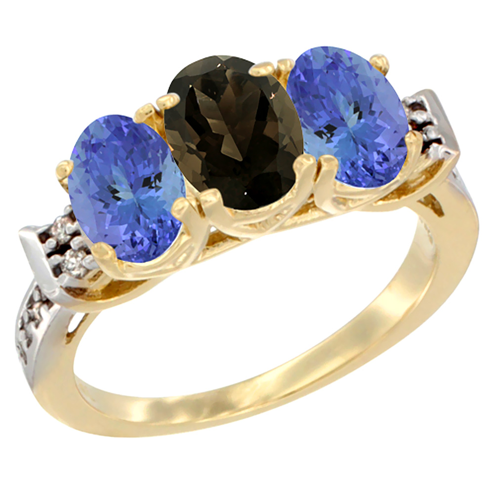 14K Yellow Gold Natural Smoky Topaz & Tanzanite Ring 3-Stone 7x5 mm Oval Diamond Accent, sizes 5 - 10