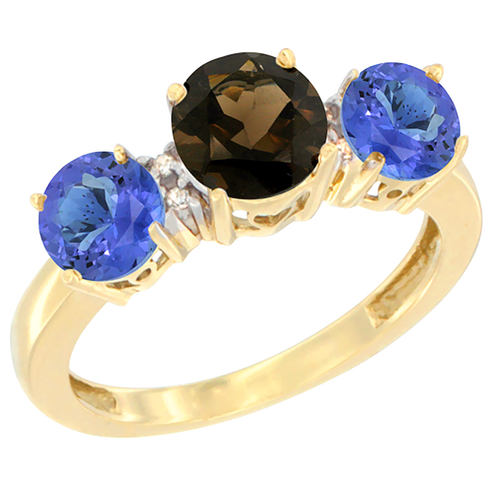 14K Yellow Gold Round 3-Stone Natural Smoky Topaz Ring & Tanzanite Sides Diamond Accent, sizes 5 - 10