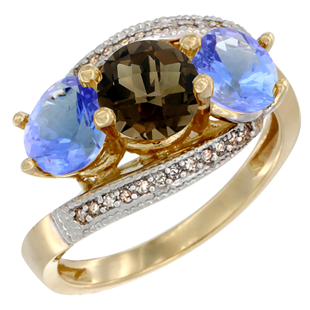 10K Yellow Gold Natural Smoky Topaz & Tanzanite Sides 3 stone Ring Round 6mm Diamond Accent, sizes 5 - 10