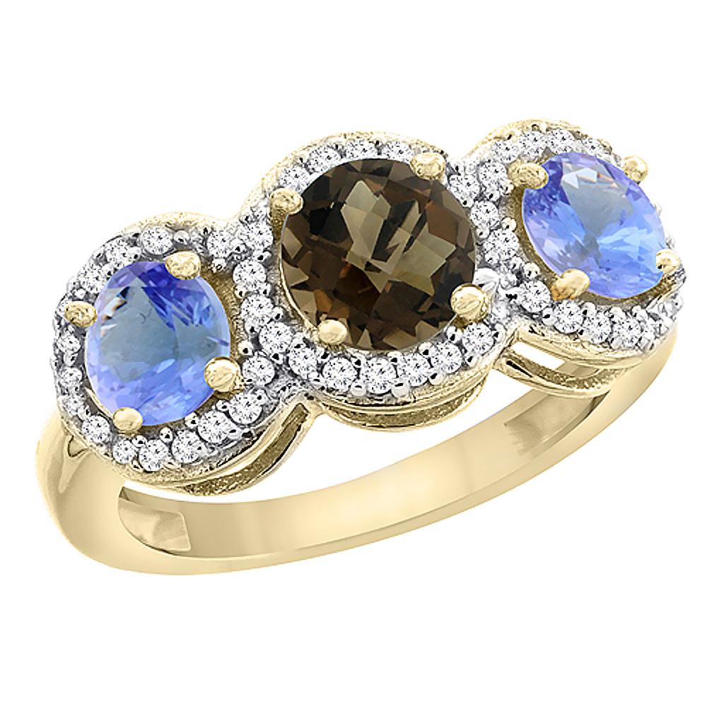 10K Yellow Gold Natural Smoky Topaz & Tanzanite Sides Round 3-stone Ring Diamond Accents, sizes 5 - 10