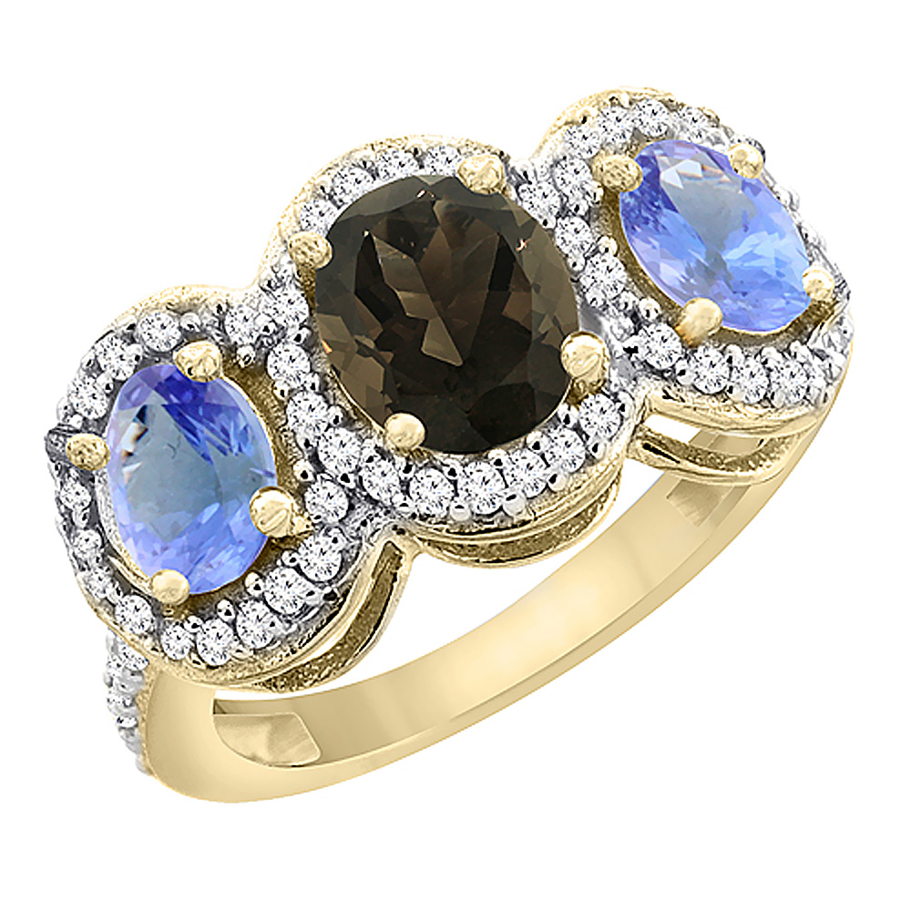 14K Yellow Gold Natural Smoky Topaz & Tanzanite 3-Stone Ring Oval Diamond Accent, sizes 5 - 10