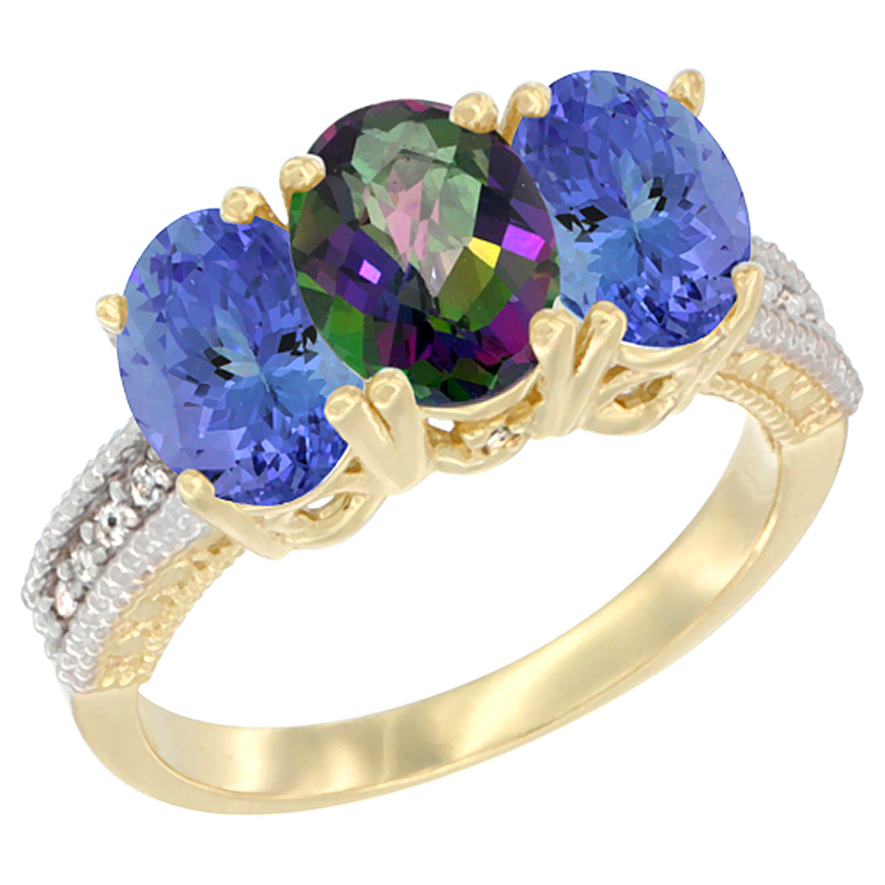 10K Yellow Gold Diamond Natural Mystic Topaz & Tanzanite Ring 3-Stone 7x5 mm Oval, sizes 5 - 10