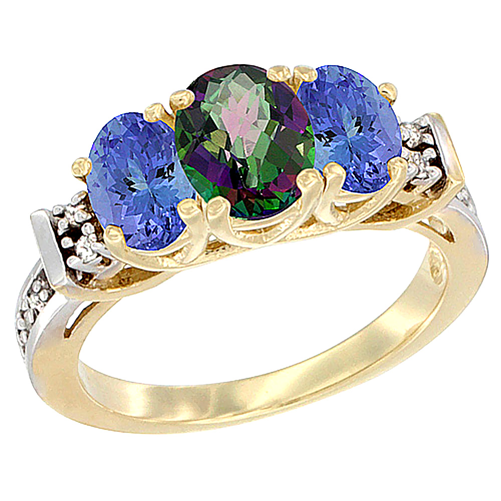 10K Yellow Gold Natural Mystic Topaz & Tanzanite Ring 3-Stone Oval Diamond Accent