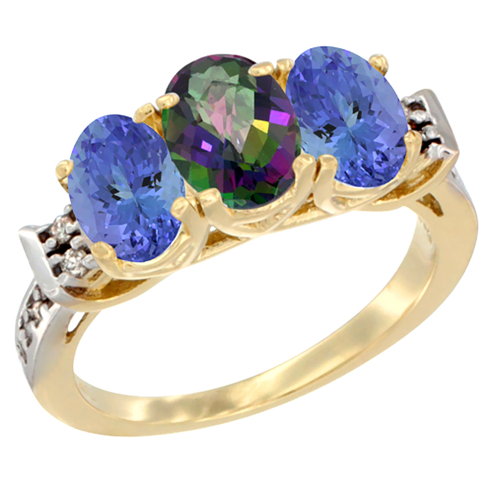 14K Yellow Gold Natural Mystic Topaz &amp; Tanzanite Ring 3-Stone 7x5 mm Oval Diamond Accent, sizes 5 - 10