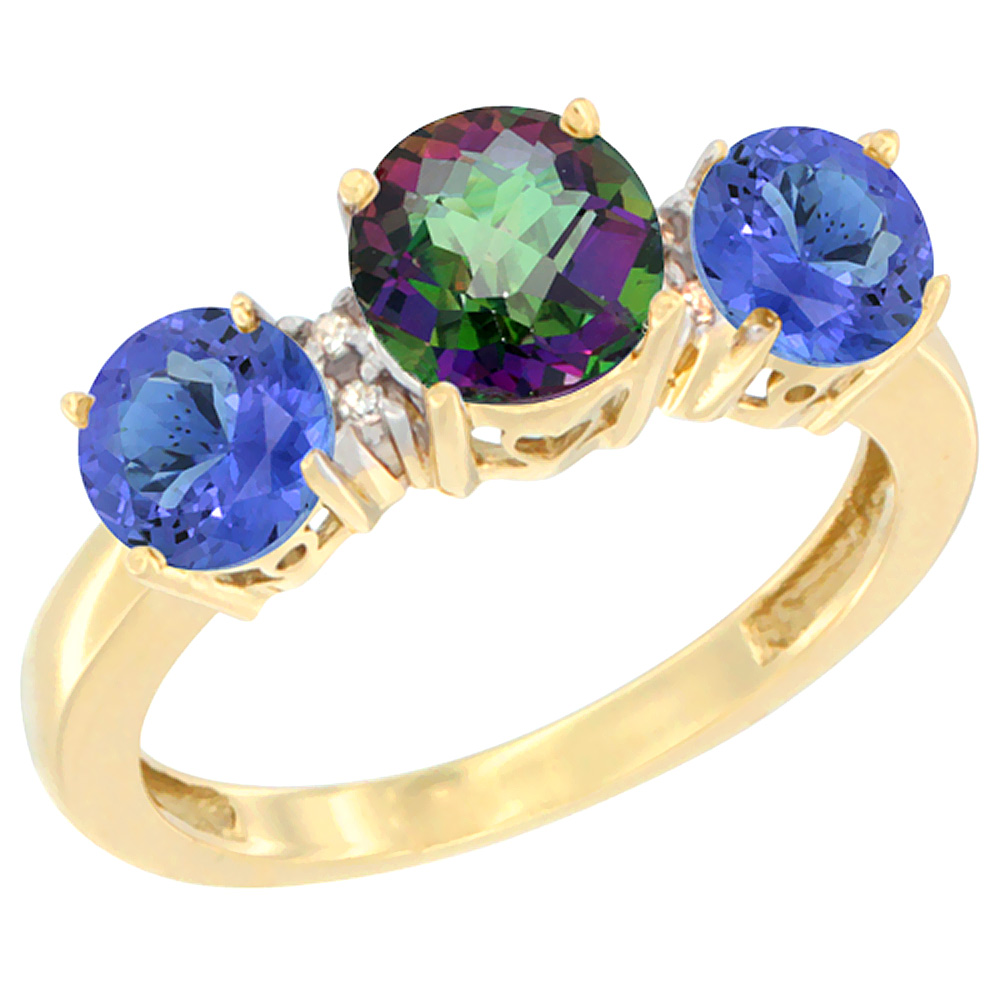 10K Yellow Gold Round 3-Stone Natural Mystic Topaz Ring & Tanzanite Sides Diamond Accent, sizes 5 - 10