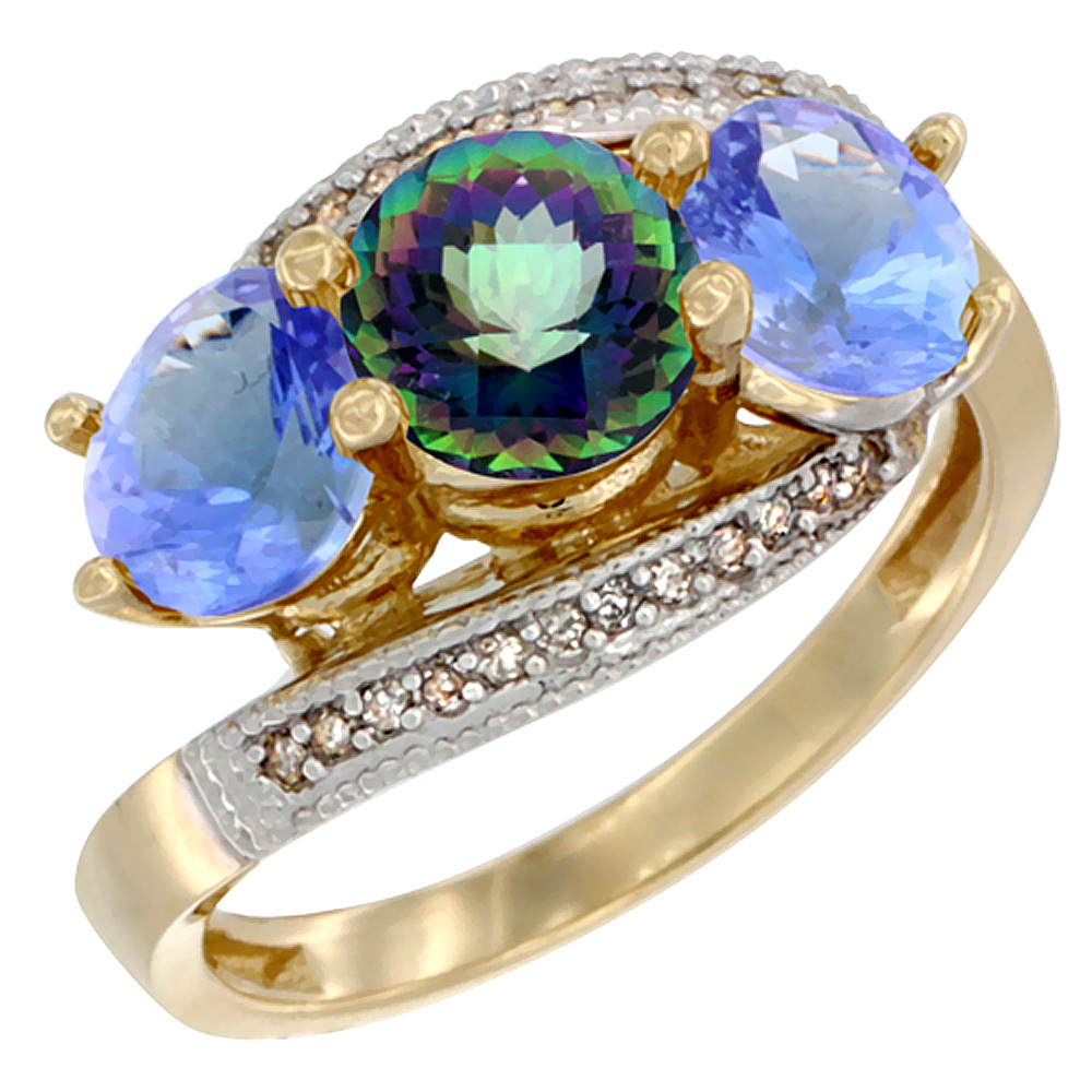 14K Yellow Gold Natural Mystic Topaz & Tanzanite Sides 3 stone Ring Round 6mm Diamond Accent, sizes 5 - 10