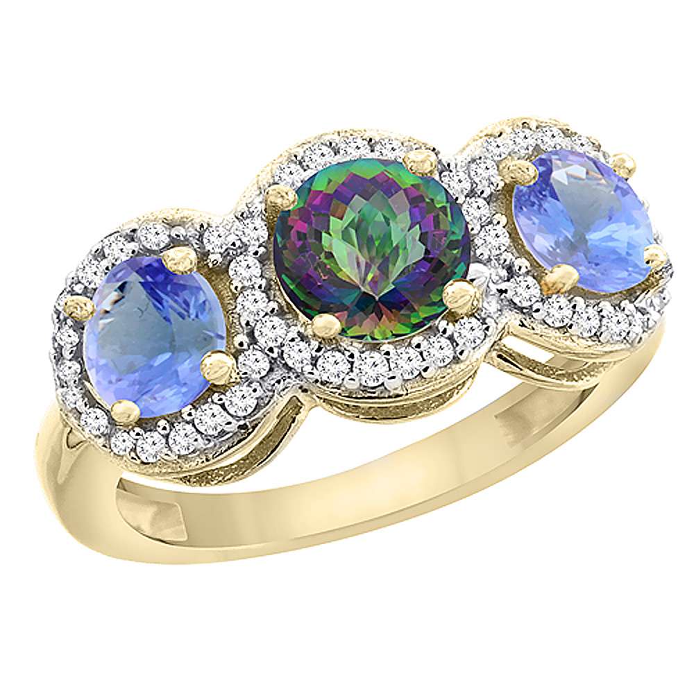 14K Yellow Gold Natural Mystic Topaz &amp; Tanzanite Sides Round 3-stone Ring Diamond Accents, sizes 5 - 10