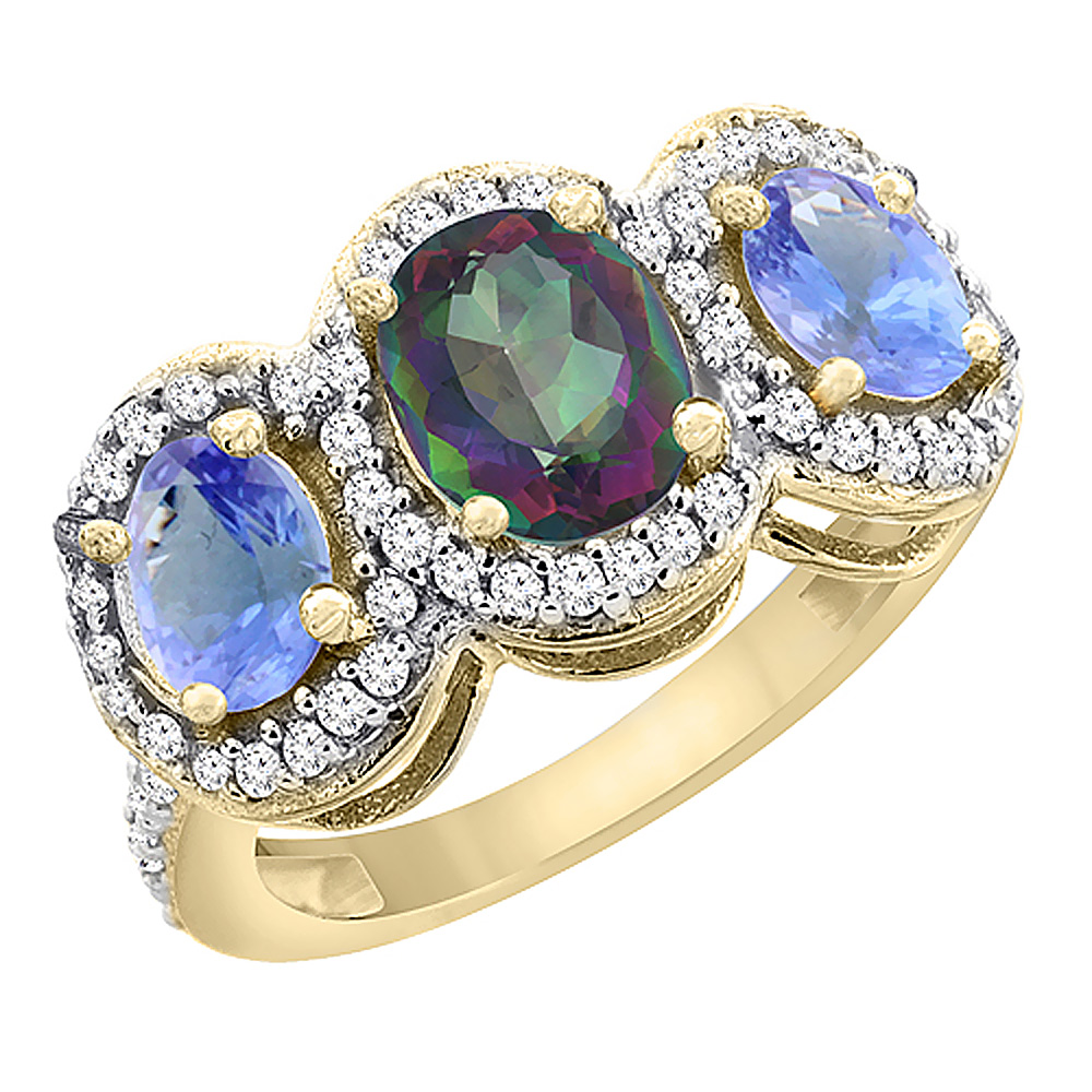 14K Yellow Gold Natural Mystic Topaz & Tanzanite 3-Stone Ring Oval Diamond Accent, sizes 5 - 10