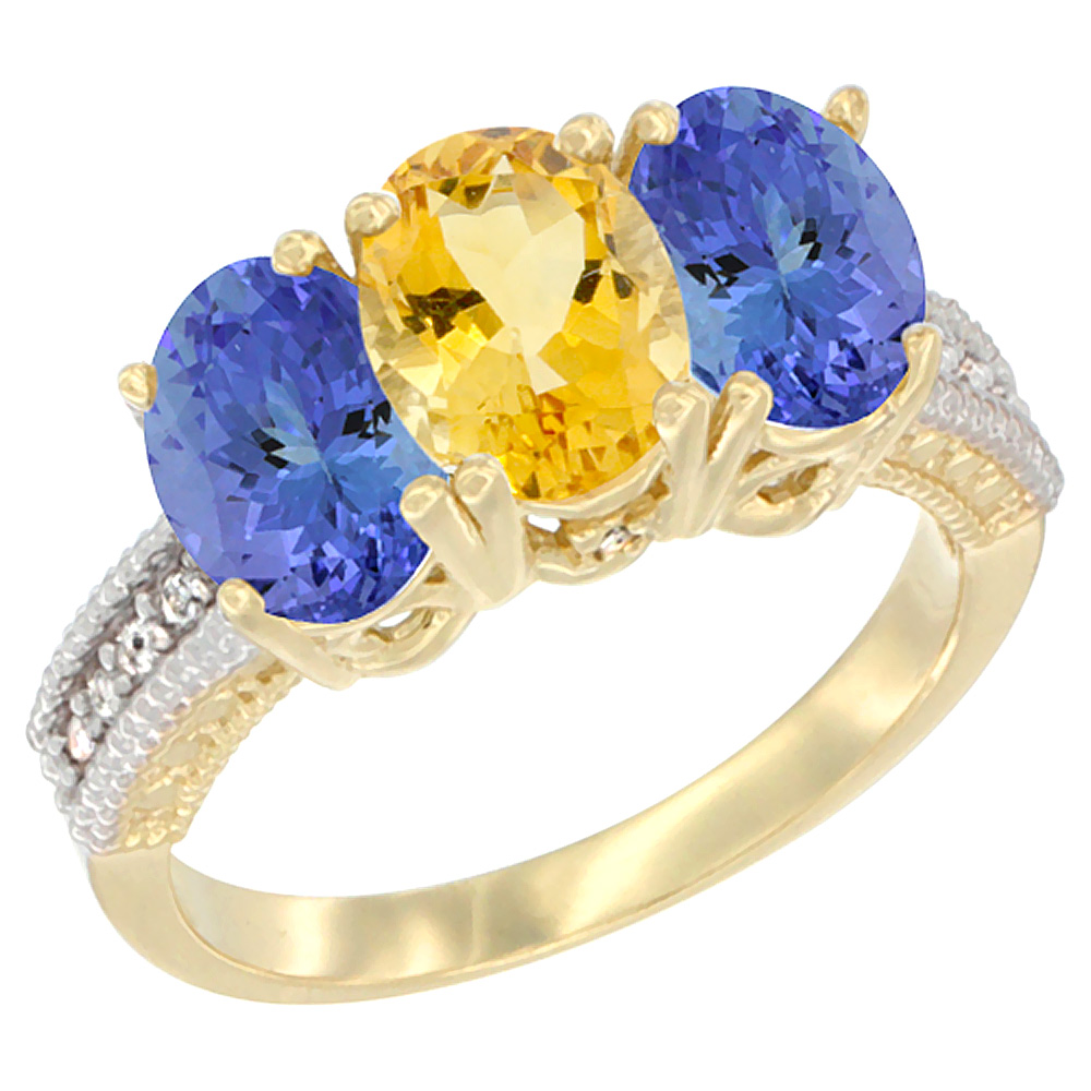 10K Yellow Gold Diamond Natural Citrine & Tanzanite Ring 3-Stone 7x5 mm Oval, sizes 5 - 10