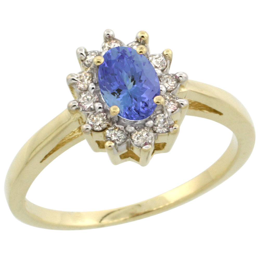 14K Yellow Gold Natural Tanzanite Flower Diamond Halo Ring Oval 6x4 mm, sizes 5 10