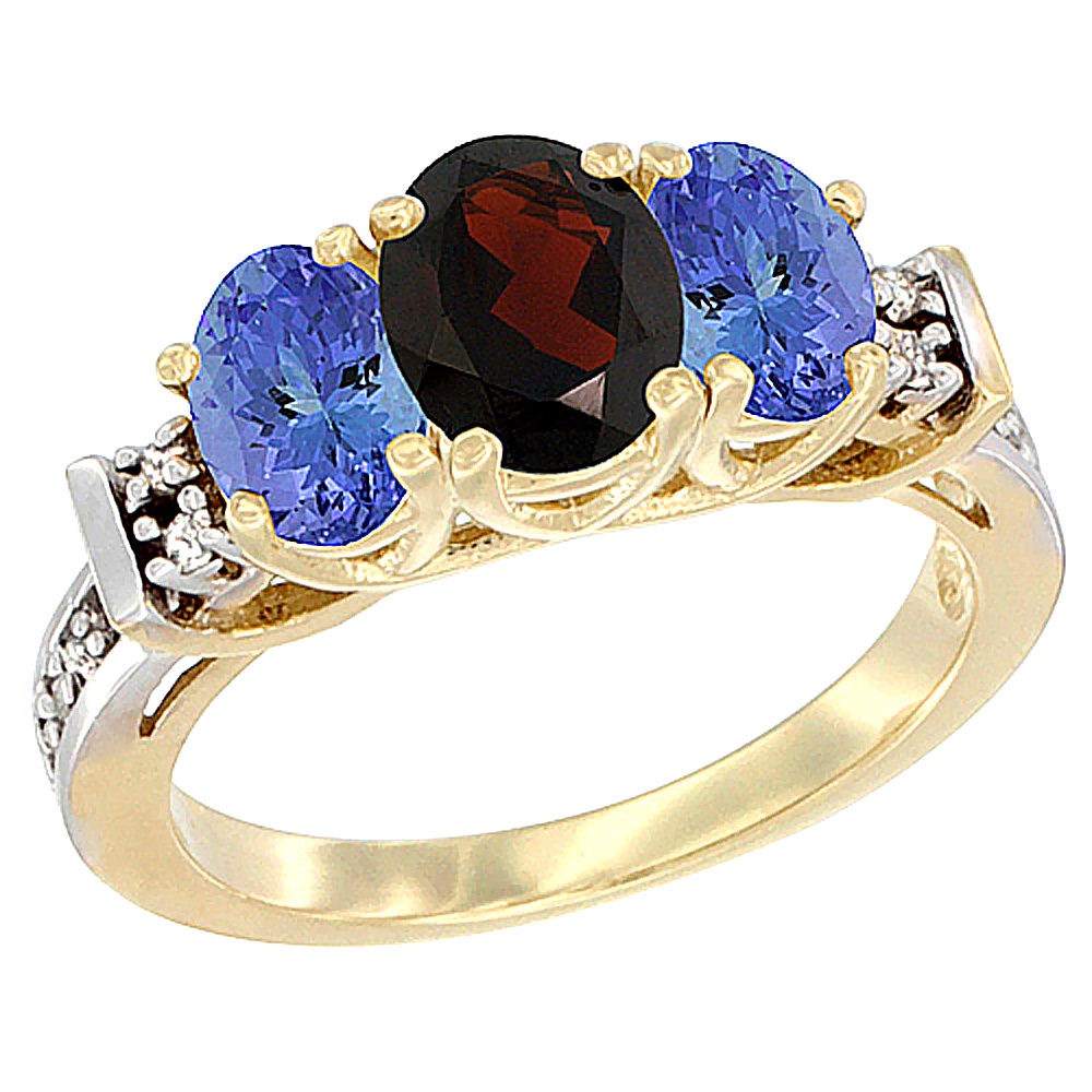 14K Yellow Gold Natural Garnet & Tanzanite Ring 3-Stone Oval Diamond Accent