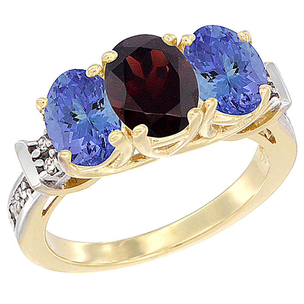 14K Yellow Gold Natural Garnet & Tanzanite Sides Ring 3-Stone Oval Diamond Accent, sizes 5 - 10