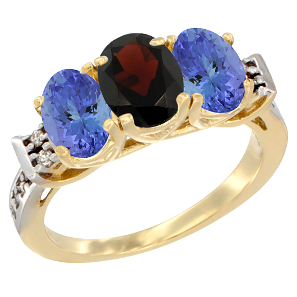 10K Yellow Gold Natural Garnet & Tanzanite Sides Ring 3-Stone Oval 7x5 mm Diamond Accent, sizes 5 - 10