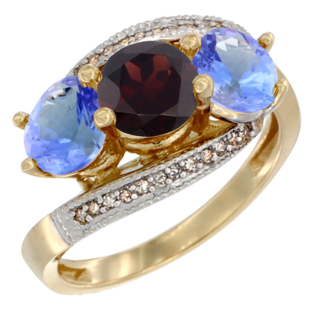 14K Yellow Gold Natural Garnet & Tanzanite Sides 3 stone Ring Round 6mm Diamond Accent, sizes 5 - 10