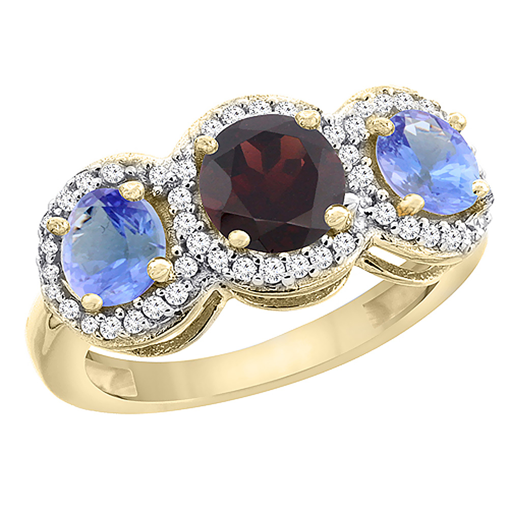 10K Yellow Gold Natural Garnet & Tanzanite Sides Round 3-stone Ring Diamond Accents, sizes 5 - 10