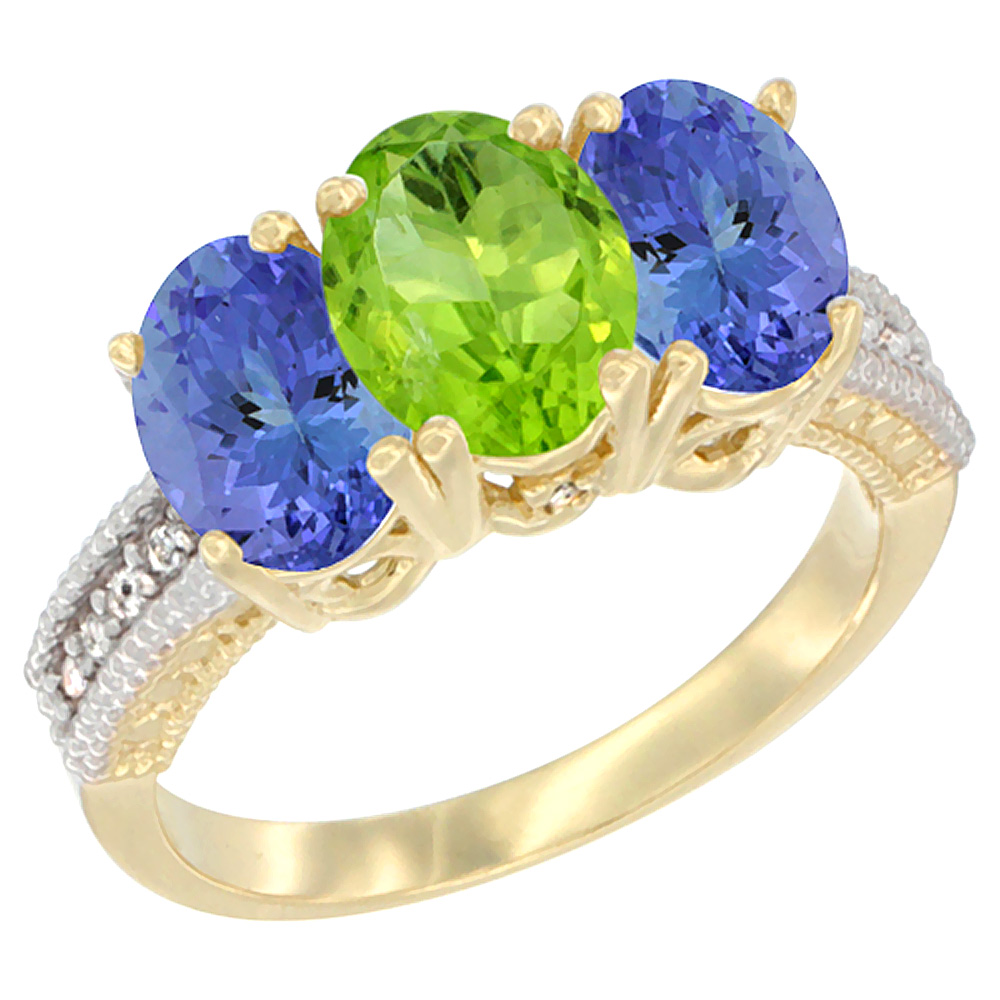 14K Yellow Gold Natural Peridot Ring with Tanzanite 3-Stone 7x5 mm Oval Diamond Accent, sizes 5 - 10