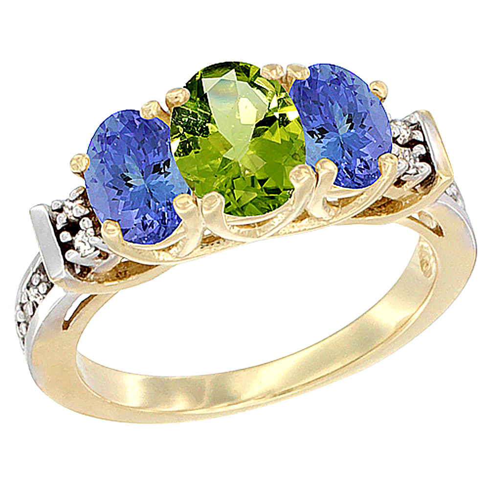 10K Yellow Gold Natural Peridot & Tanzanite Ring 3-Stone Oval Diamond Accent