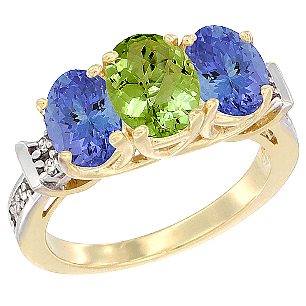 14K Yellow Gold Natural Peridot & Tanzanite Sides Ring 3-Stone Oval Diamond Accent, sizes 5 - 10