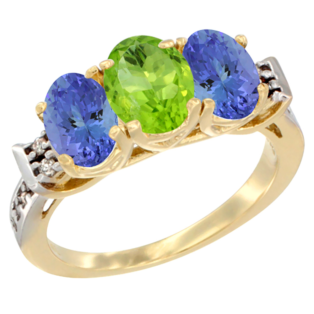 10K Yellow Gold Natural Peridot & Tanzanite Sides Ring 3-Stone Oval 7x5 mm Diamond Accent, sizes 5 - 10