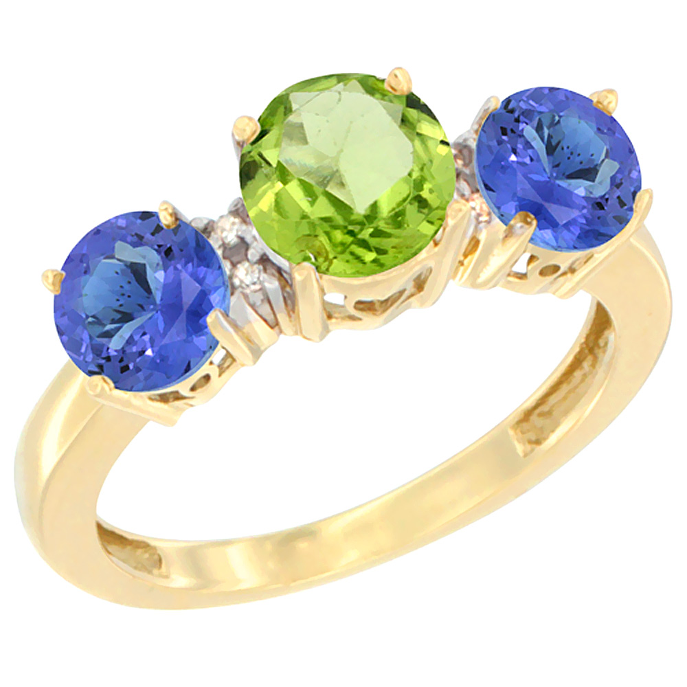 10K Yellow Gold Round 3-Stone Natural Peridot Ring & Tanzanite Sides Diamond Accent, sizes 5 - 10