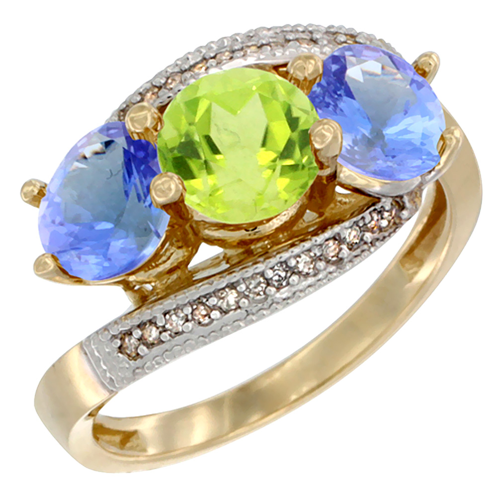10K Yellow Gold Natural Peridot & Tanzanite Sides 3 stone Ring Round 6mm Diamond Accent, sizes 5 - 10