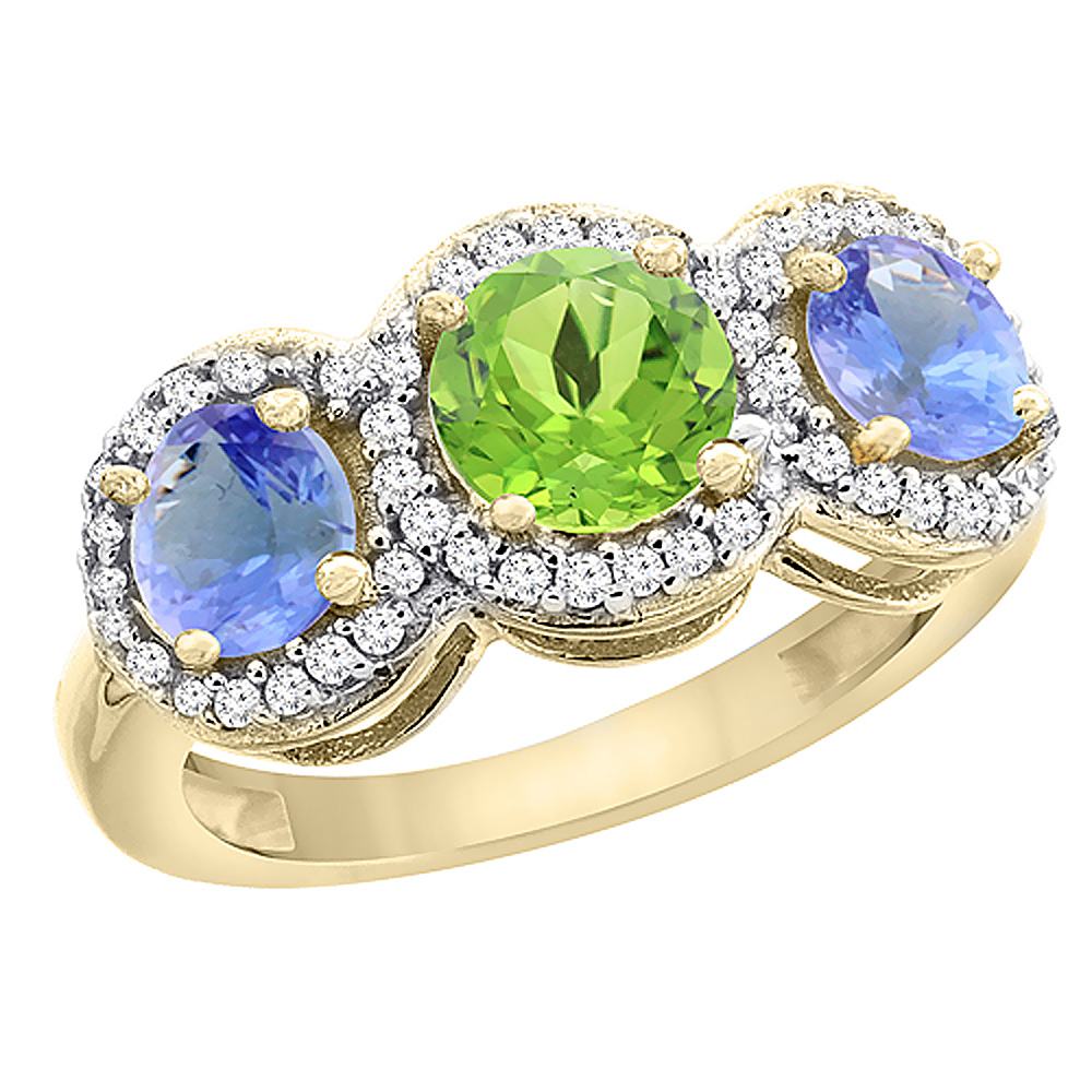 10K Yellow Gold Natural Peridot & Tanzanite Sides Round 3-stone Ring Diamond Accents, sizes 5 - 10