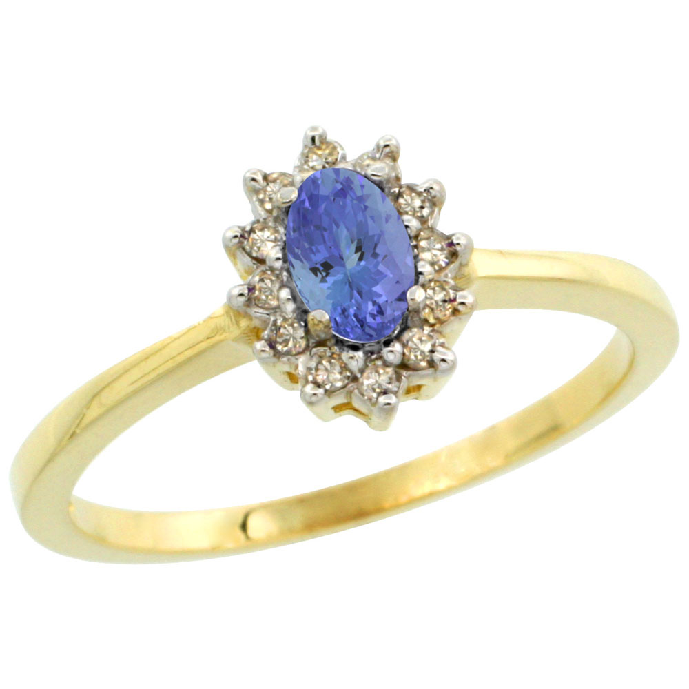 14K Yellow Gold Natural Tanzanite Ring Oval 5x3mm Diamond Halo, sizes 5-10