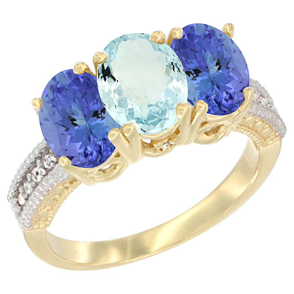 10K Yellow Gold Diamond Natural Aquamarine & Tanzanite Ring 3-Stone 7x5 mm Oval, sizes 5 - 10
