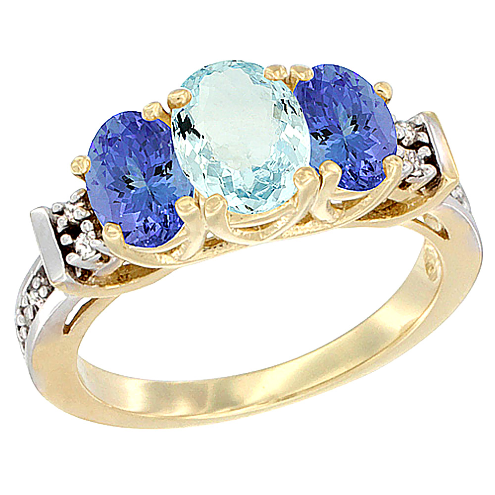 14K Yellow Gold Natural Aquamarine & Tanzanite Ring 3-Stone Oval Diamond Accent