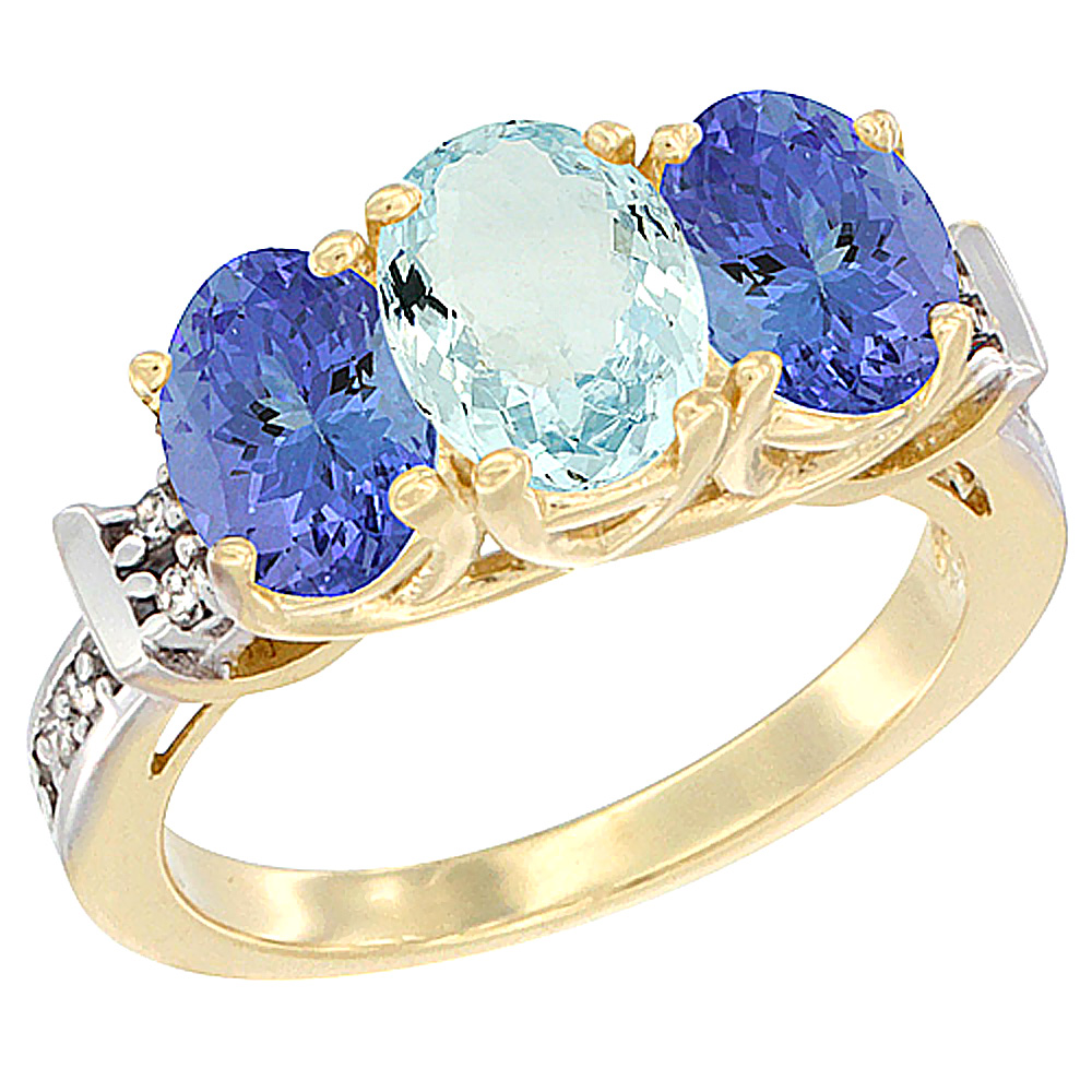 10K Yellow Gold Natural Aquamarine & Tanzanite Sides Ring 3-Stone Oval Diamond Accent, sizes 5 - 10
