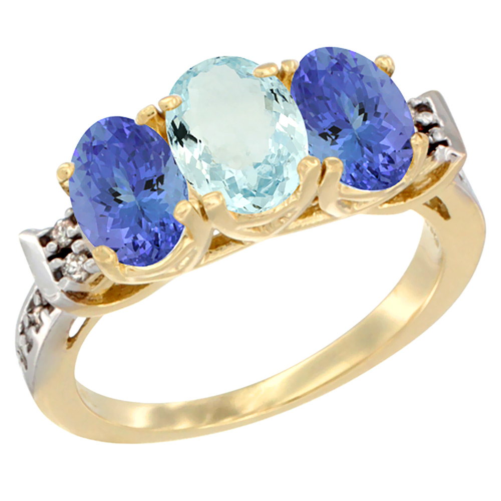 10K Yellow Gold Natural Aquamarine & Tanzanite Sides Ring 3-Stone Oval 7x5 mm Diamond Accent, sizes 5 - 10