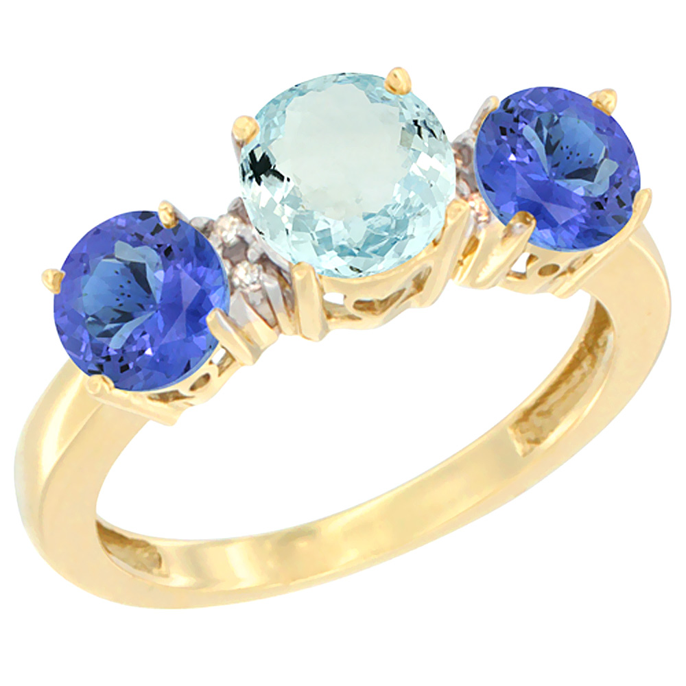 14K Yellow Gold Round 3-Stone Natural Aquamarine Ring & Tanzanite Sides Diamond Accent, sizes 5 - 10