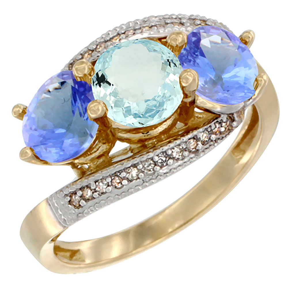 14K Yellow Gold Natural Aquamarine & Tanzanite Sides 3 stone Ring Round 6mm Diamond Accent, sizes 5 - 10