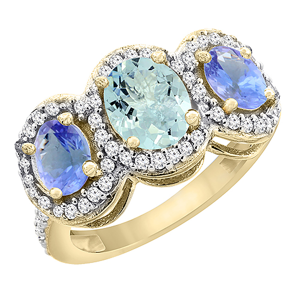 14K Yellow Gold Natural Aquamarine &amp; Tanzanite 3-Stone Ring Oval Diamond Accent, sizes 5 - 10