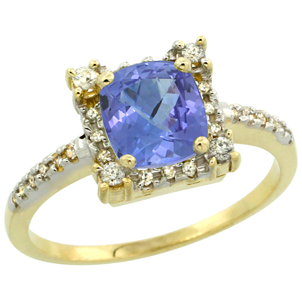 14K Yellow Gold Natural Tanzanite Ring Cushion-cut 6x6mm Diamond Halo, sizes 5-10