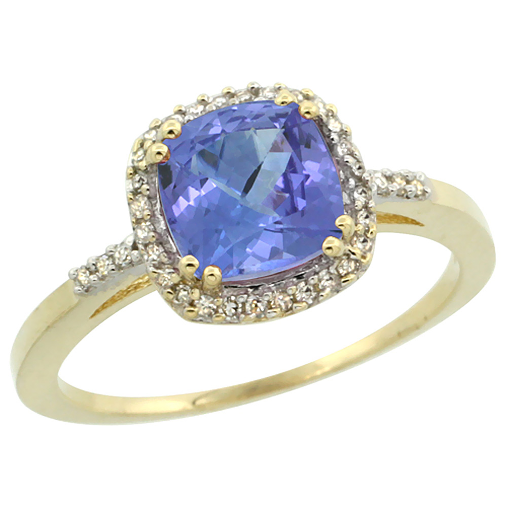 10K Yellow Gold Diamond Natural Tanzanite Ring Cushion-cut 7x7mm, sizes 5-10