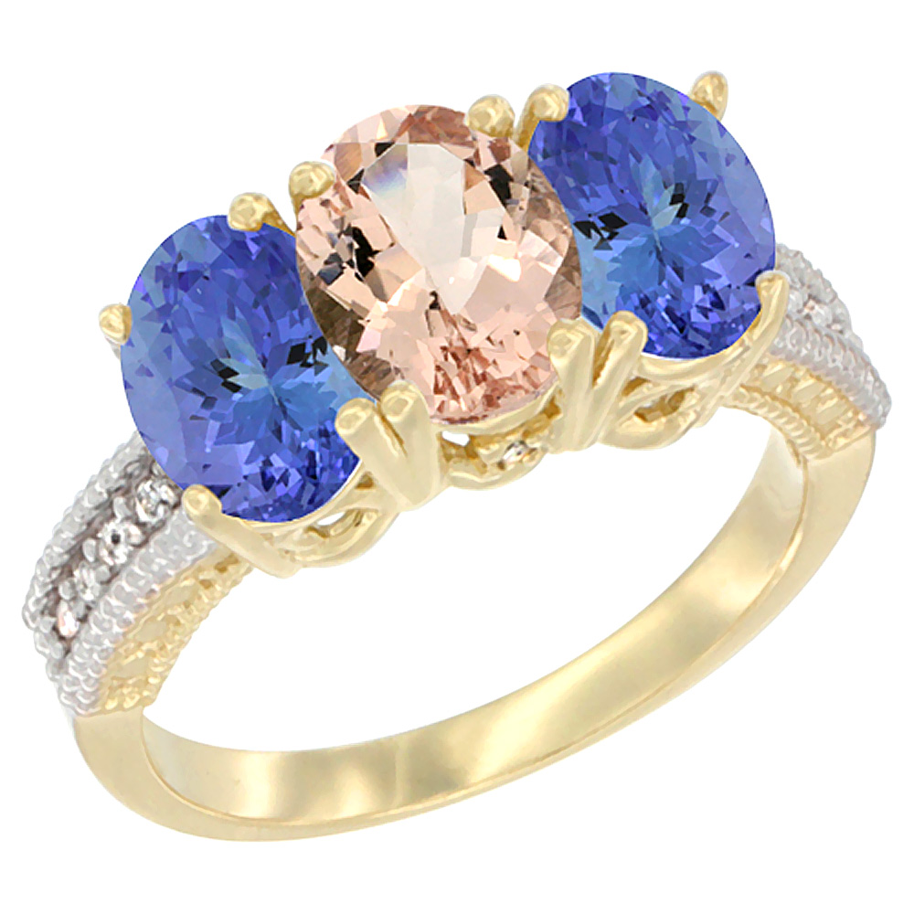 10K Yellow Gold Diamond Natural Morganite & Tanzanite Ring 3-Stone 7x5 mm Oval, sizes 5 - 10