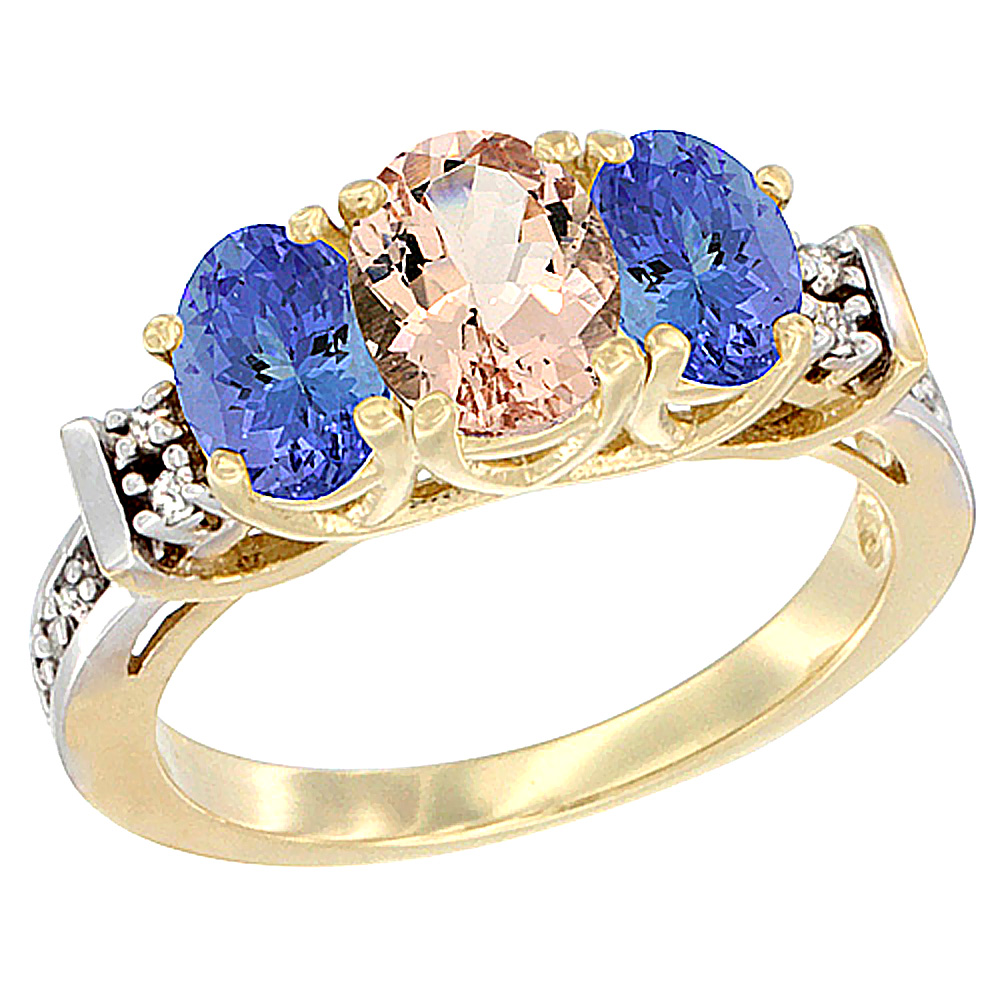 10K Yellow Gold Natural Morganite & Tanzanite Ring 3-Stone Oval Diamond Accent