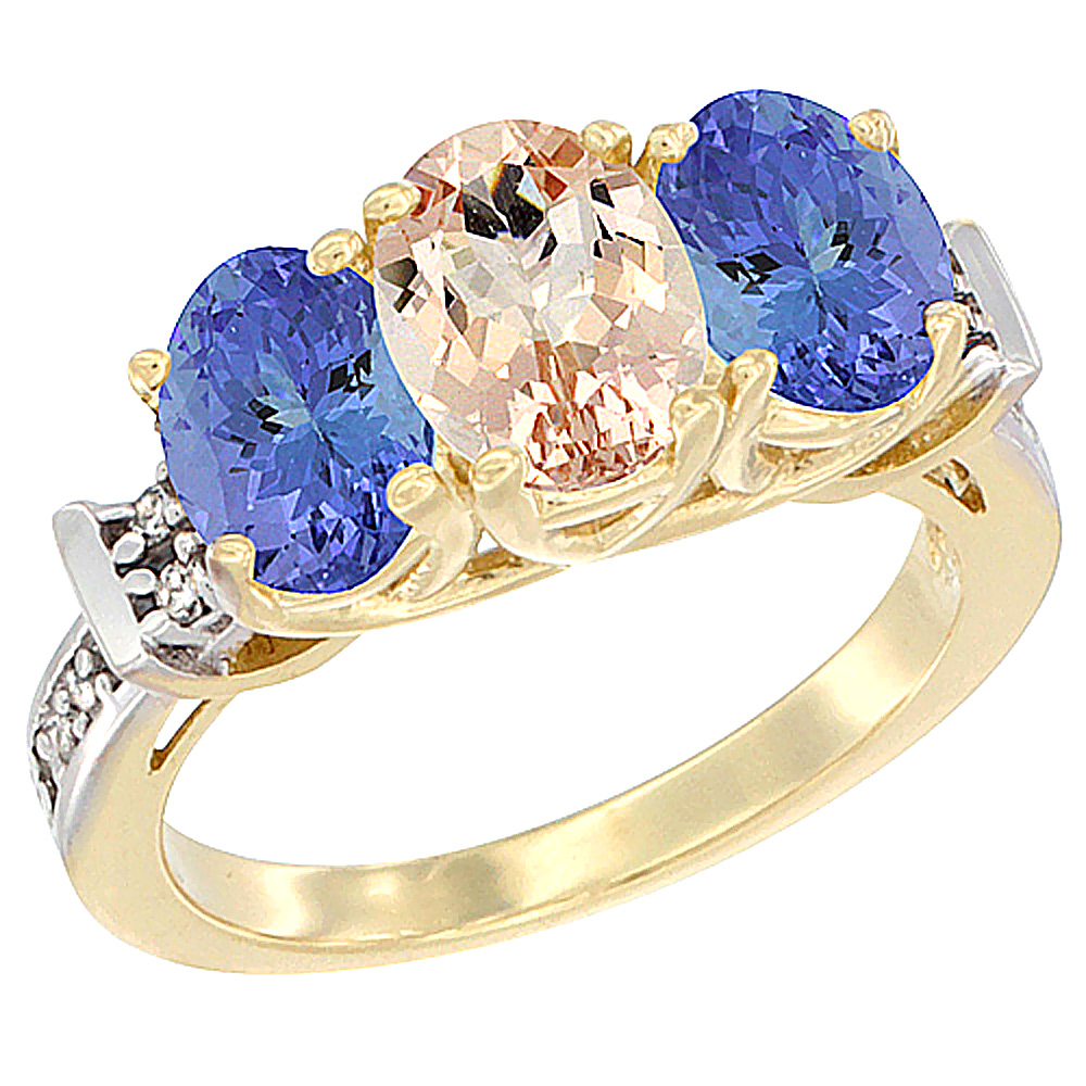 14K Yellow Gold Natural Morganite & Tanzanite Sides Ring 3-Stone Oval Diamond Accent, sizes 5 - 10