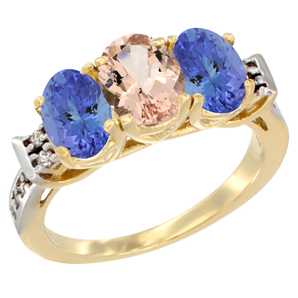 14K Yellow Gold Natural Morganite & Tanzanite Ring 3-Stone 7x5 mm Oval Diamond Accent, sizes 5 - 10