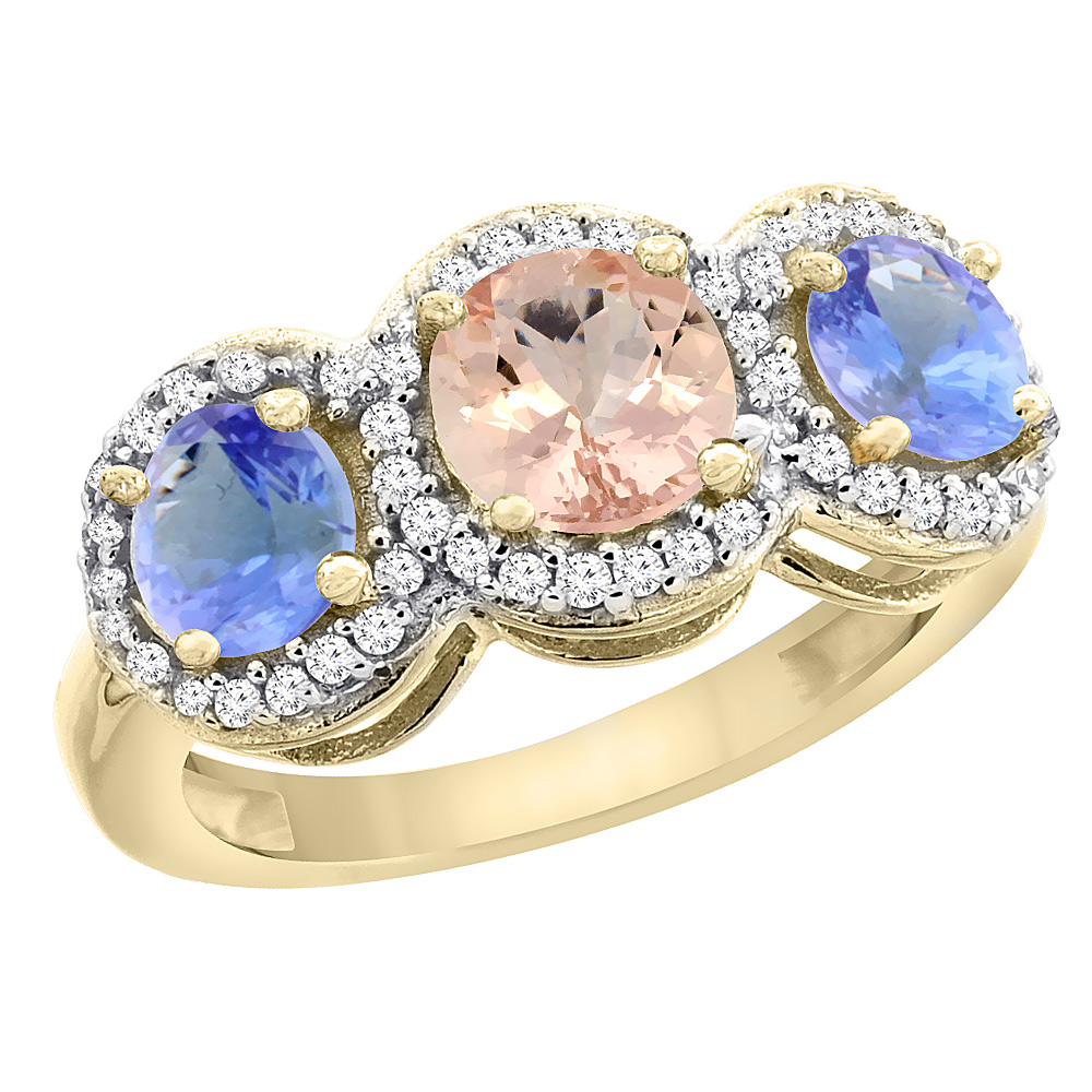 10K Yellow Gold Natural Morganite & Tanzanite Sides Round 3-stone Ring Diamond Accents, sizes 5 - 10