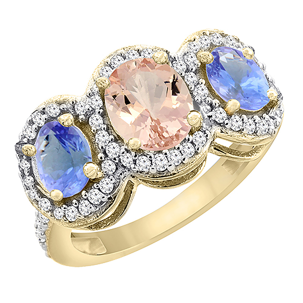 10K Yellow Gold Natural Morganite & Tanzanite 3-Stone Ring Oval Diamond Accent, sizes 5 - 10