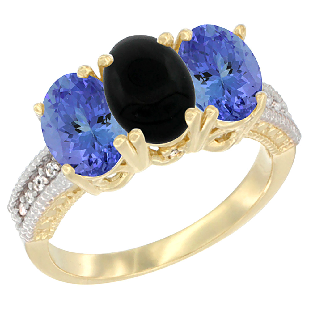 10K Yellow Gold Diamond Natural Black Onyx & Tanzanite Ring 3-Stone 7x5 mm Oval, sizes 5 - 10