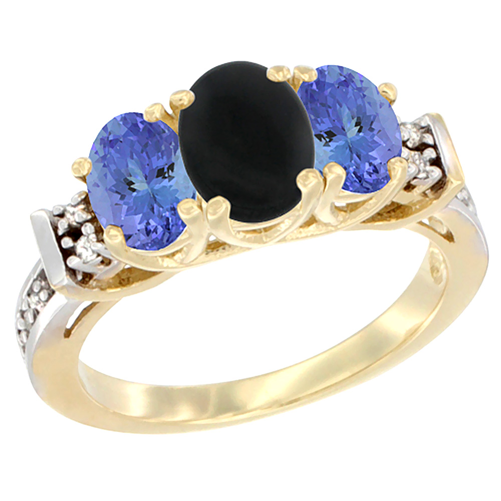 14K Yellow Gold Natural Black Onyx & Tanzanite Ring 3-Stone Oval Diamond Accent