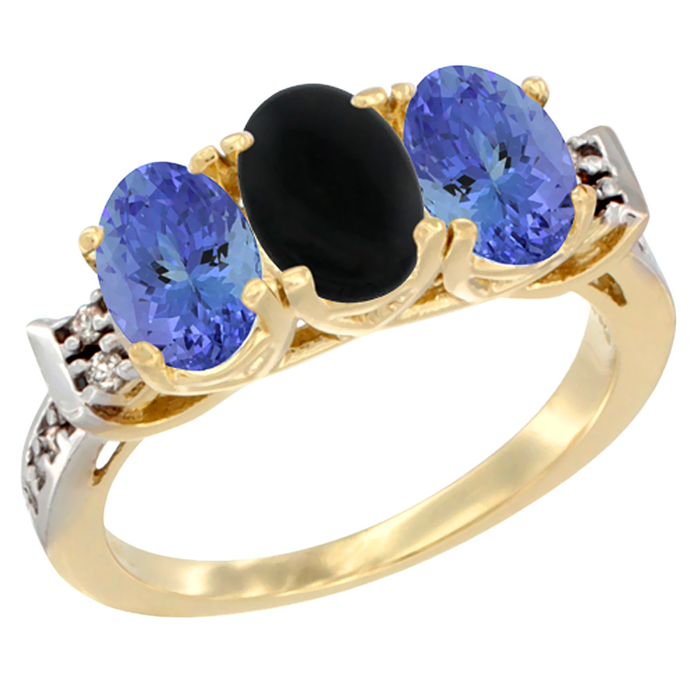 10K Yellow Gold Natural Black Onyx & Tanzanite Sides Ring 3-Stone Oval 7x5 mm Diamond Accent, sizes 5 - 10